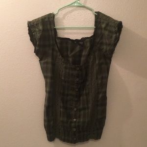 Green plaid blouse with crochet lace detail